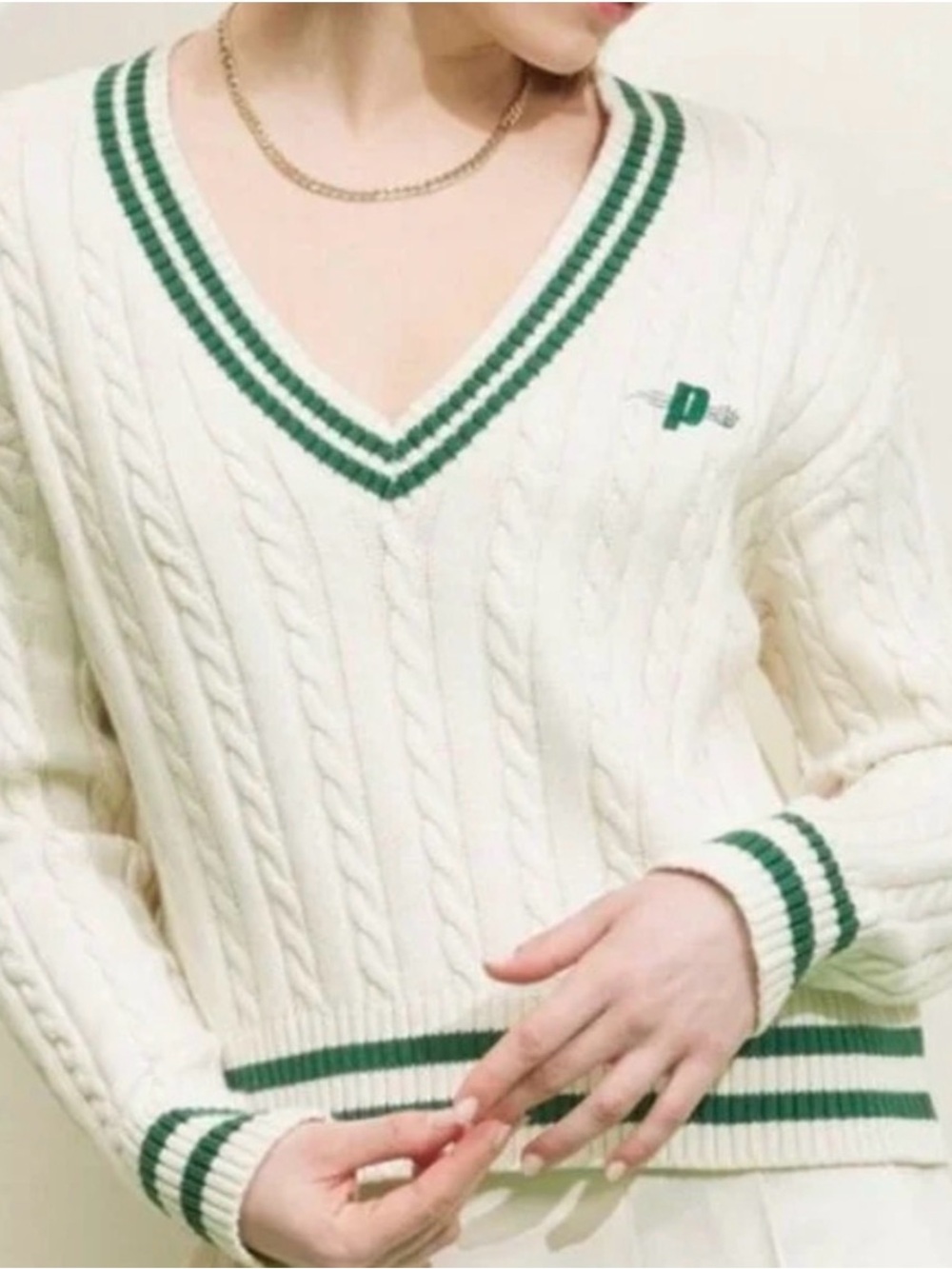 Prince Cream Cable Knit V-Neck Sweater with Green Stripes